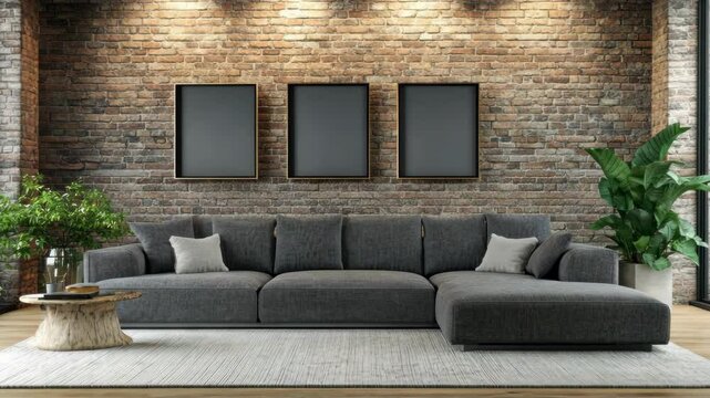 Modern living room design featuring gray sectional sofa and decorative plant