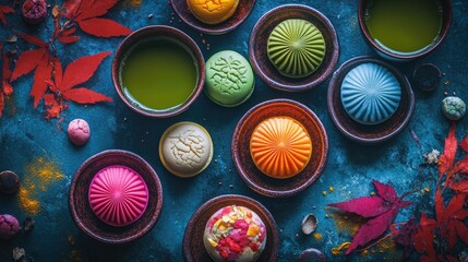 Colorful Macarons and Green Tea on Rustic Wooden Background