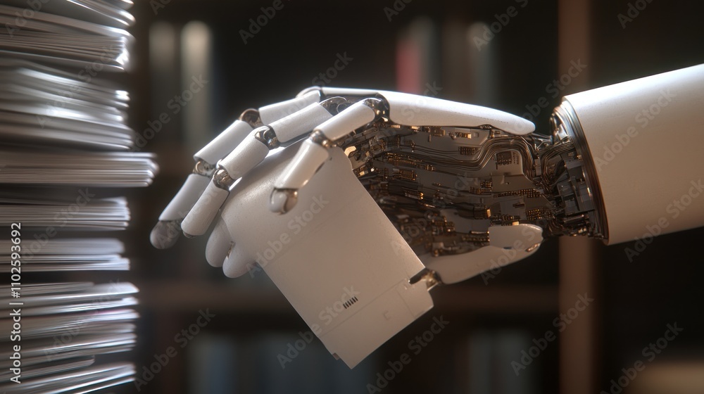 Poster a robotic hand reaching towards a stack of documents, symbolizing automation and technology.