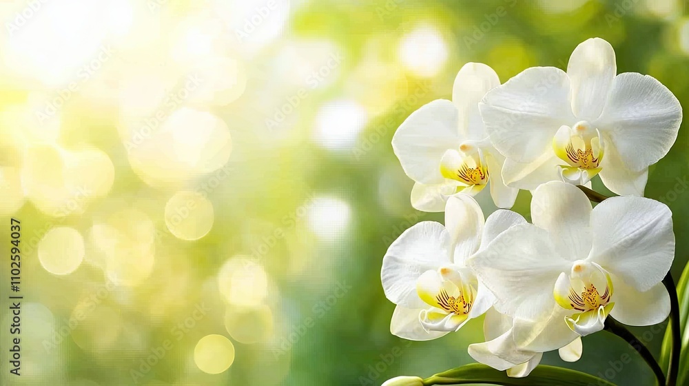 Poster elegant white orchids with soft green background and bokeh effect