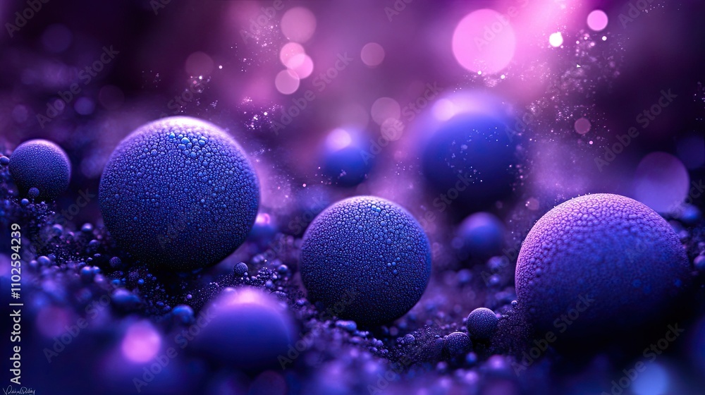 Poster abstract macro image of droplets on spherical shapes in purple hues