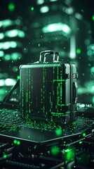 Fototapeta premium A black and green suitcase with glowing digital patterns, set in a futuristic cyber-inspired environment, represents innovation and modern technology. AI generated.