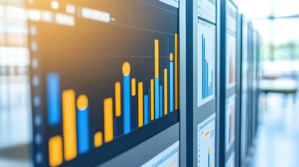 A close-up of data visualizations displaying various graphs and charts.