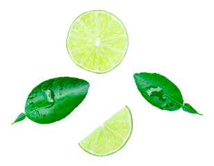 Top view set of fresh green lemon fruit in half and slices or quarters with green leaves isolated with clipping path in png file format