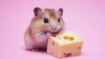 Fototapeta premium Cute hamster with cheese on pink background capturing playful essence
