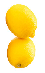 Top view of two fresh ripe yellow lemon fruit in stack isolated on white background with clipping path