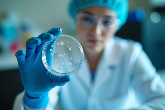 A scientist in a lab coat and blue gloves examines a petri dish containing bacterial colonies. The background is blurred, focusing on the scientist's concentrated expression.