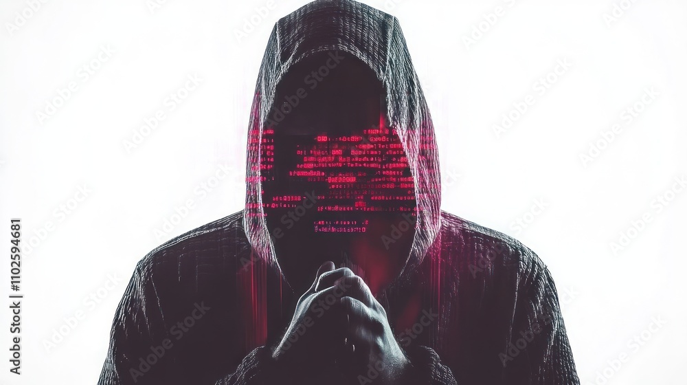 Poster a shadowy figure in a hoodie with digital code overlay, symbolizing hacking or cyber security.