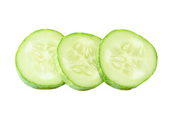 Side view of fresh green cucumber slices in circle shape in stack isolated with clipping path in png file format