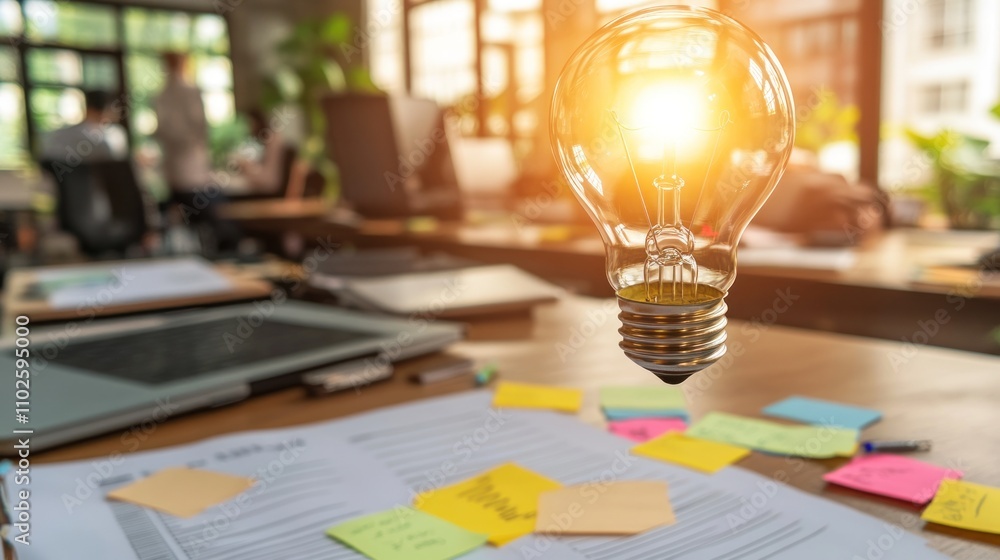 Poster a glowing light bulb hovers above a cluttered desk filled with notes and documents.