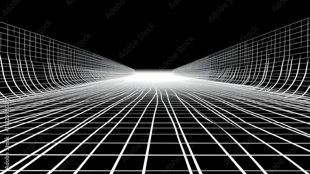Poster futuristic 3d grid landscape with perspective lines and depth