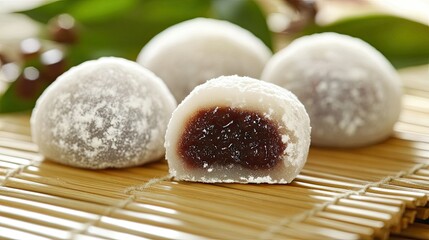 Fototapeta premium Close-Up View of Soft Mochi Dessert with Red Bean Filling