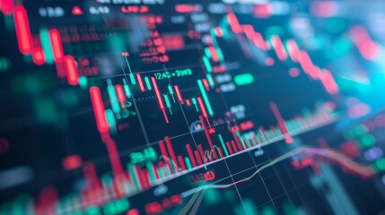A vibrant digital display of stock market charts with fluctuating data, green and red candlesticks, and trend lines, capturing the essence of financial markets. AI generated.