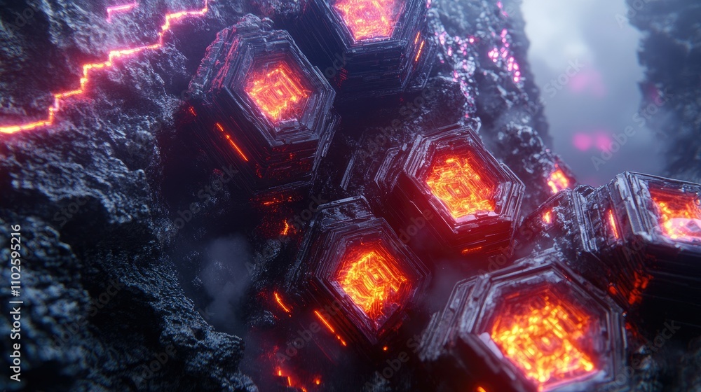Poster glowing hexagonal structures on a volcanic lava rock surface