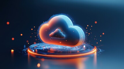 A futuristic cloud icon surrounded by glowing elements, representing digital storage and technology.