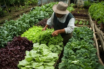 Farmer Harvesting Fresh Greens in Organic Garden Bed