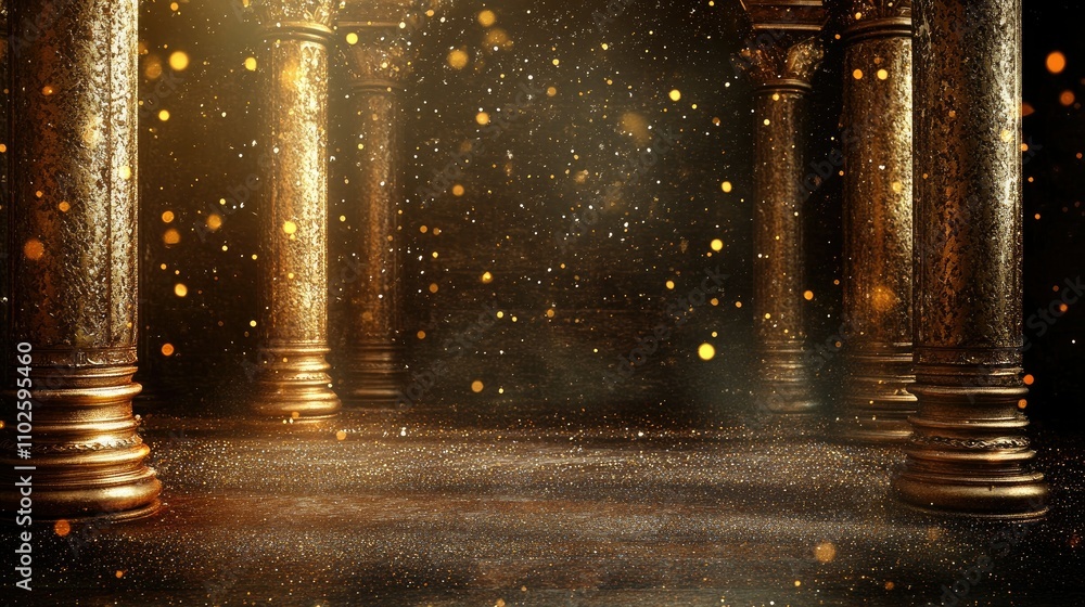 Poster enchanted golden columns with dreamy floating particles in space