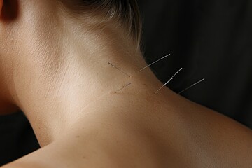Close-up of the back neck and shoulder area, an acupuncturist is using several thin metal needles to treat for pain relief on her upper body. 