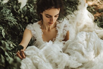 Ethereal Woman in Flowing White Gown Surrounded by Greenery