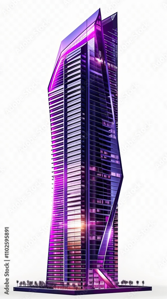 Poster a futuristic skyscraper featuring an angular, cutting-edge design with vibrant purple lighting. the 