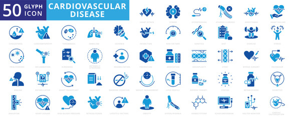 Cardiovascular disease icon set of atherosclerosis, hyperlipidemia, inflammation, hypertension, defibrillator, exercise, diet, stress, medication, prevention, cholesterol, obesity, heart attack