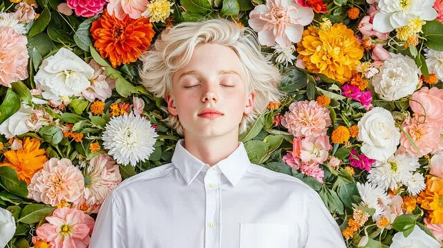 A young person lying among vibrant flowers