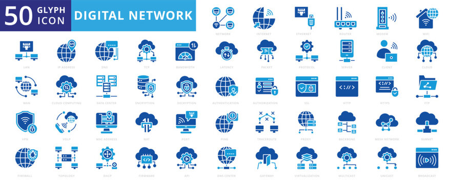 Digital network icon set of modem, vpn, api, packet, client, wan, gateway, cloud, digital, network, internet, cloud computing, wifi, server, port, firewall, encryption, router, ethernet, lan, http