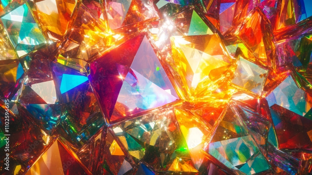 Poster an abstract composition of colorful, translucent prism shapes with vibrant light reflections, creati