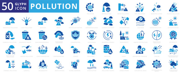 Pollution icon set water, light, plastic, air, marine, soil, pollution, pollen, chemical, smog, industrial, sustainable, global warming, biodiversity, radioactive, deforestation, conservation, sewage