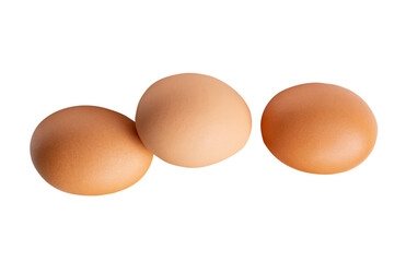 Top view set of three fresh brown chicken eggs isolated on white background with clipping path