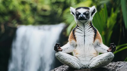 A lemur meditating by a tranquil waterfall