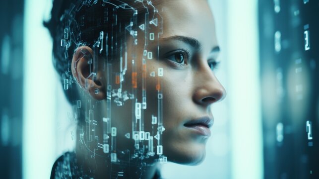 Futuristic Female Portrait with Digital Interface Overlay and Binary Code Representing Technology, Innovation, and Cybersecurity Concepts in a Sci-Fi Environment