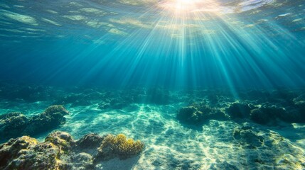 Fototapeta premium Clean underwater background with sunlight, rays of the sun from the surface. Clean, clear and plastic free ocean. Sea background