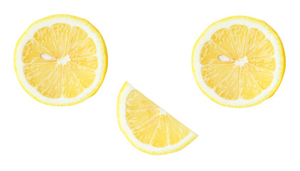 Fototapeta premium Top view set of fresh yellow lemon fruit in halves and slices or quarter scattering isolated on white background with clipping path