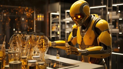 Futuristic Robotic Bartender Mixing Cocktails in a High-Tech Laboratory Setting with Glowing Beverages and Advanced Equipment Behind It