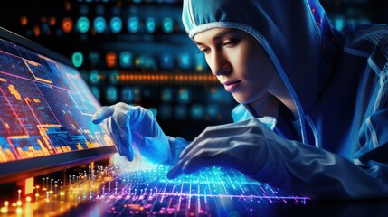 Young Data Scientist Analyzing Complex Information on High-Tech Touchscreen Display in Dark Room with Glowing Charts and Graphs