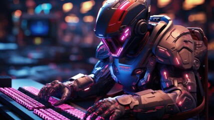 Futuristic Cyber Soldier Engaged in High-Tech Digital Warfare in Neon-Hued Environment with Advanced Combat Suit and Illuminated Keyboard
