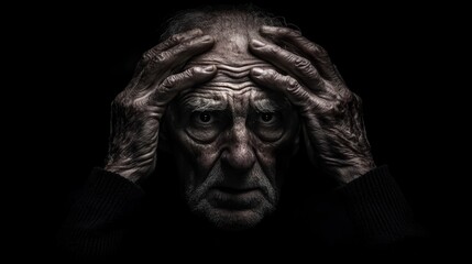 Elderly man with his hands on his head suffering from Alzheimer's symptoms. Concept of Alzheimer's, memory loss or dementia in older people