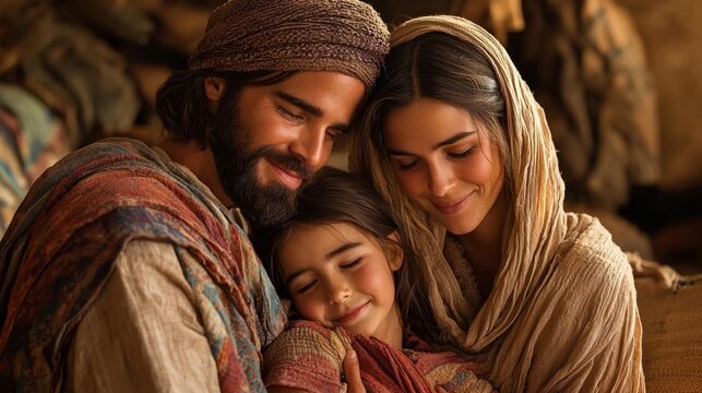 Jairus and his wife embracing their daughter as she sits up, Jesus smiling gently, vibrant tones with soft natural lighting, deeply emotional and spiritual atmosphere