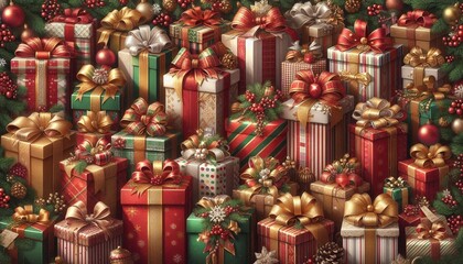 Fototapeta premium Festive Christmas Gift with Ribbons, Bows, and Sparkling Decorations