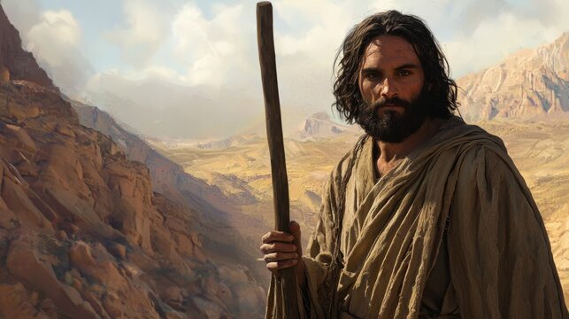 John the Baptist in the wilderness, dressed in simple robes of camel hair, holding a wooden staff, desert landscape with soft evening light, intense and spiritual expression, realistic textures