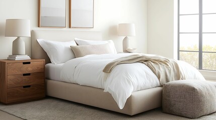 A cozy bedroom featuring a plush bed, soft linens, stylish lamps, and a serene color palette, perfect for relaxation and comfort.