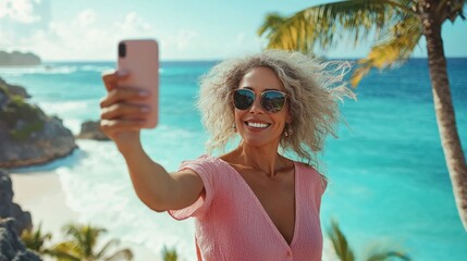 Middle-aged woman in a pink summer dress taking a selfie on a cliff overlooking a tropical beach with palm trees, embracing adventure and coastal beauty