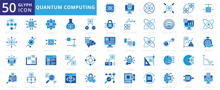 Quantum computing icon set of network, physics, system, cryptography, memory, information, algorithm, simulation, gate, circuit, mechanics, machine learning, complexity, teleportation, metrology, code