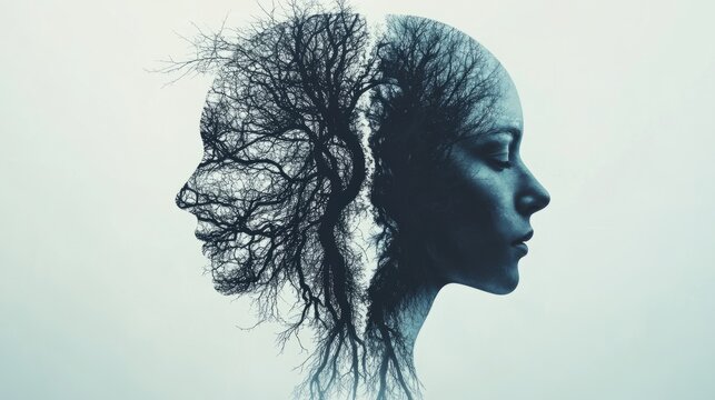 Metaphor bipolar disorder mind mental. Double face. Split personality. Concept mood disorder. 2 Head silhouette