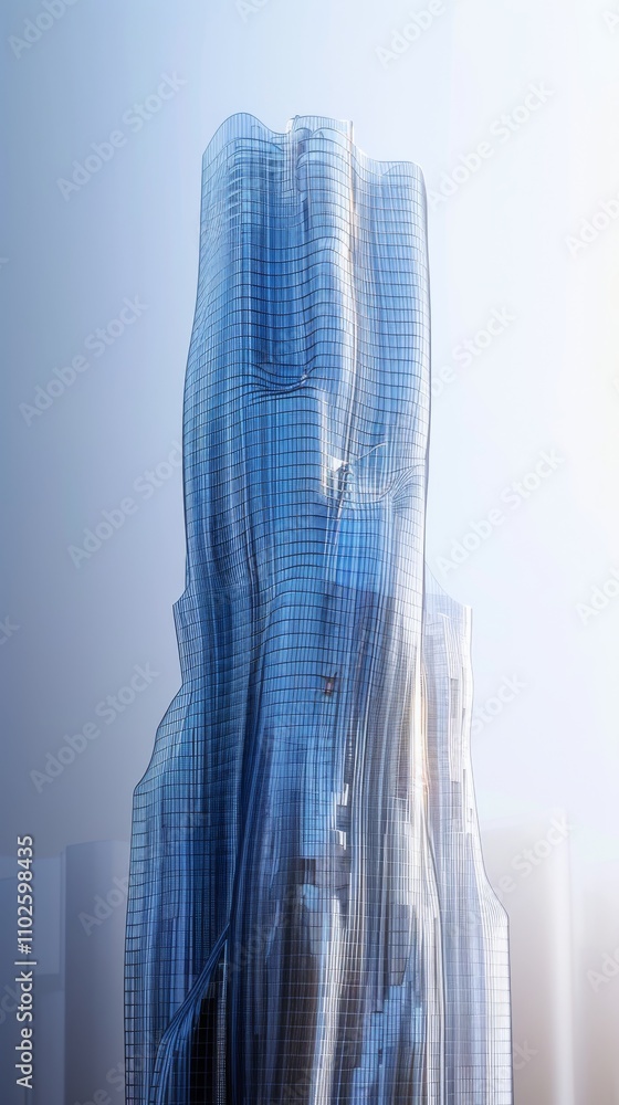 Poster a futuristic glass skyscraper with sleek, flowing curves and reflective surfaces, embodying cutting-