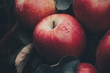 Fresh Red Apples Surrounded by Green Leaves in Natural Lighting