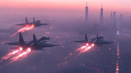 Three fighter jets in flight over a cityscape, releasing flares and illuminating the foggy sky with their afterburners