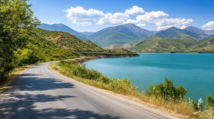 Scenic Mountain Road Along Tranquil Lake Under Blue Sky
