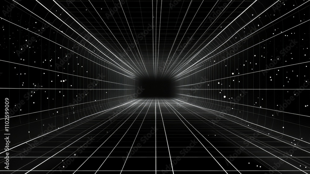Poster futuristic 3d grid tunnel with black background and light rays